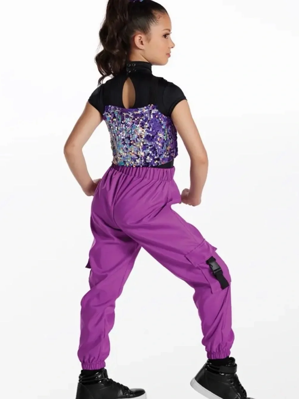 Weissman Purple Sequin Crop Top with Purple Cargo Pants
